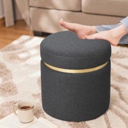 Big Dark Gray Fabric Storage Ottoman Foot Stool