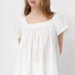 SQUARE NECK SOLID RUFFLE KNOTTED SHORT SLEEVE BLOUSE