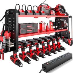 32”Power Tool Organizer with Charging Station Wall Mount, Built in 8 Outlet Surge Protection Red/Black