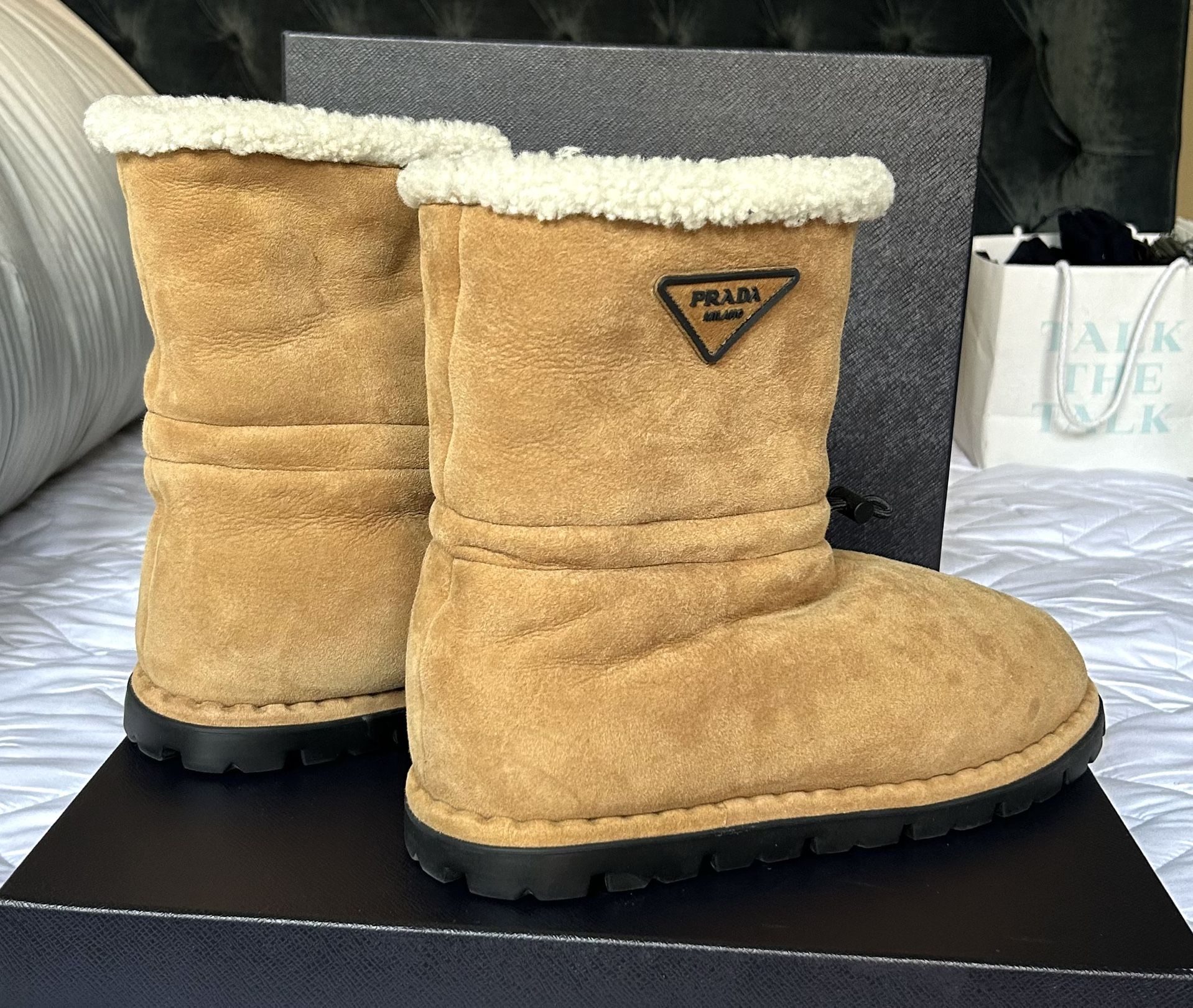 PRADA Suede shearling-lined logo boots, Mens US 10 $800