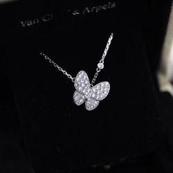 Silver diamond butterfly collarbone necklace