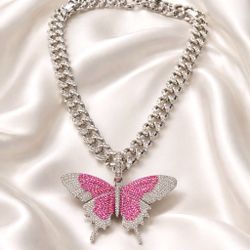 White Gold Filled 20 Cuban Link 10mm with Pink Butterfly Pendant