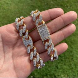 14k Gold Plated Iced Figaro Bracelet 14mm 8” Premium Bracelet Box Clasp