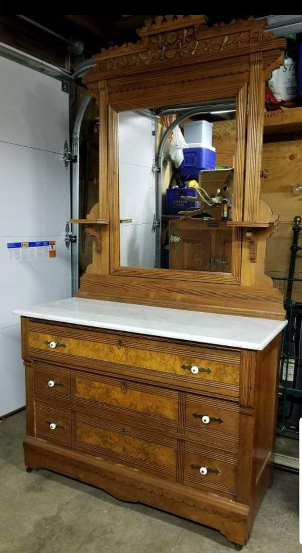 Antique Victorian Eastlake Marble Top Dresser With Mirror Walnut W Antique Victorian Eastlake Marble Top Dresser With Mirror Walnut W Burl Veneer Table Original Hardware Excellent Condition