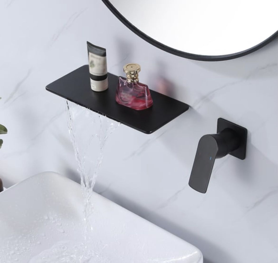 Waterfall Wall Mount Matte Black Single Handle Bathroom Sink Faucet Solid Brass B49B