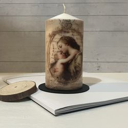 Vintage photo design on pillar Candle , handmade