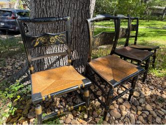 Vintage Set of 4 Black & Gold Floral Rush Seat Dining Chairs
