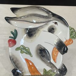 Fitz and Floyd ceramic plate featuring a spotted rabbit with carrots. 8.75”x 9”