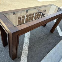 Mid-century oak wood console table, entrance table with insert glass on top / mesa de entrada con 