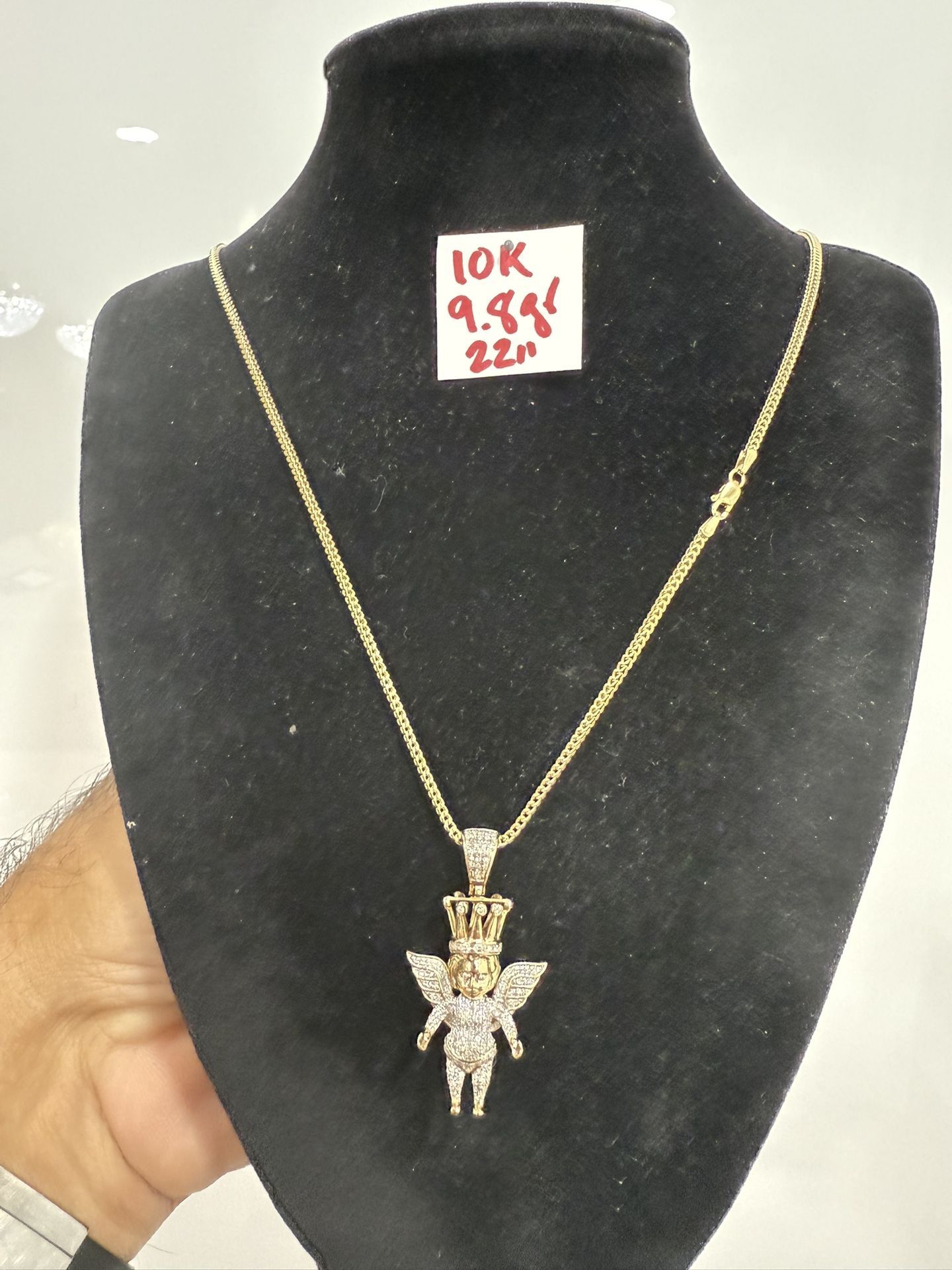 10K Yellow Gold Franco Chain and Pendant With NATURAL DIAMONDS π For Wedding 9.5Gr 22 Inches Long
