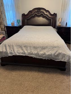 Dark Wood Queen Bed Frame with Upholstered Headboard