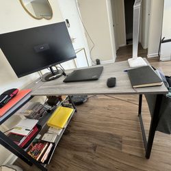 L shaped computer desk with reversible storage shelves and storage bag