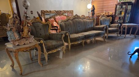Vintage 5-Piece Italian Baroque Living Room Set with Matching Marble-Top Tables