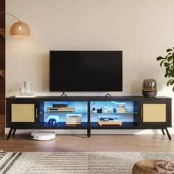80 in. Black Modern TV Stand with Glass Shelves and 2 Rattan Doors for TVs Up to 85 in. Entertainment Center
