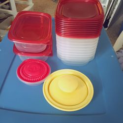 2 Oblong Containers And 9 Smaller Ones  And 1 Round One, And Hamburger Press