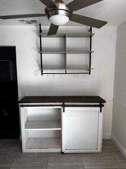 Farmhouse-Style Coffee Bar Console with Hanging Mug Shelf