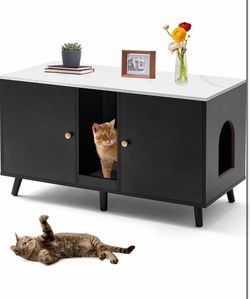Black Litter Box Enclosure for 2 Cats, Double Hidden Litter Box Cabinet Furniture with Scratching Pad, Indoor Wood End Table Side Table Cat Washroom