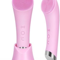 Pink Facial Cleansing Brush, Heatable Vibrating Face Scrubber with Massage, Silicone Face Scrubber for Women & Men, Electric Facial Cleanser