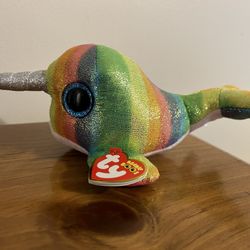 Ty Beanie Boos Nori Narwhal Rainbow Glitter Shimmer Plush Stuffed Animal Soft Silky