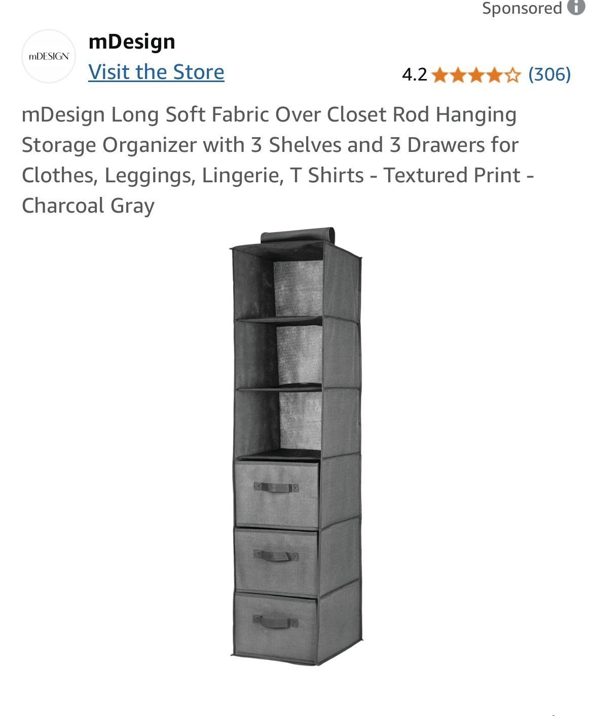 messing Fabric Closet Rod Hanging Organizer Charcoal Gray