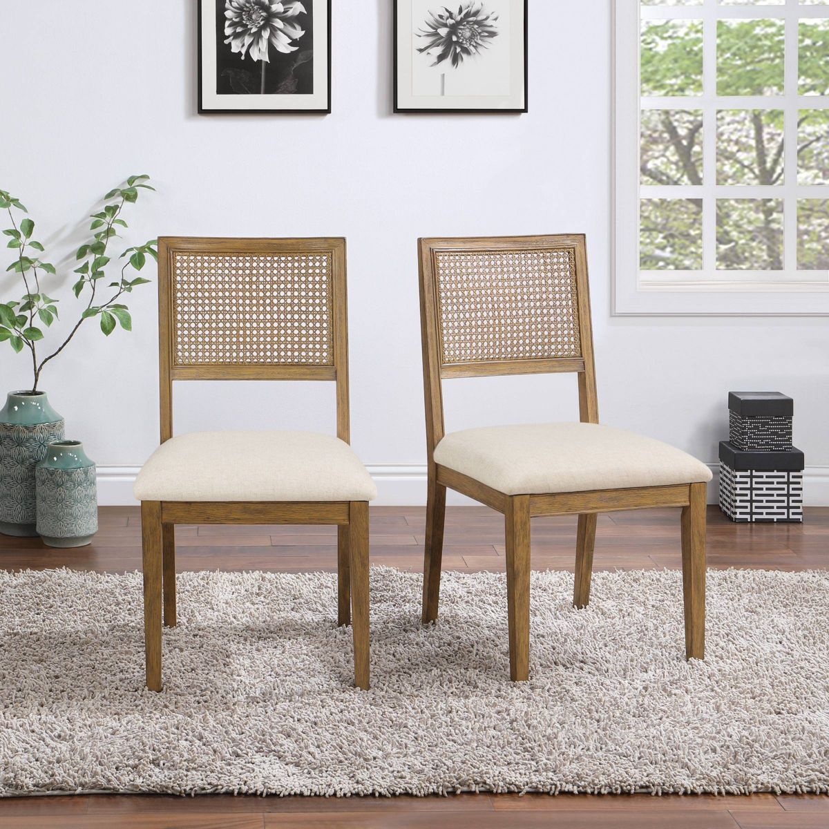 Set Of 4 - Rattan Can Back Wooden Dining Chairs w/ Beige Cushions [NEW]
