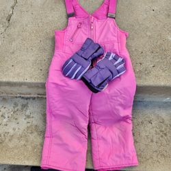 Girls Size 2 Snow Bibs And Gloves