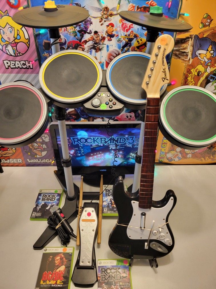 Xbox 360 Wireless Drums Cymbals Guitar Mic Rockband Video Game 