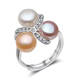925 Sterling Silver Tri-Pearl White Pink Purple Freshwater Pearl RIng Adjustable 