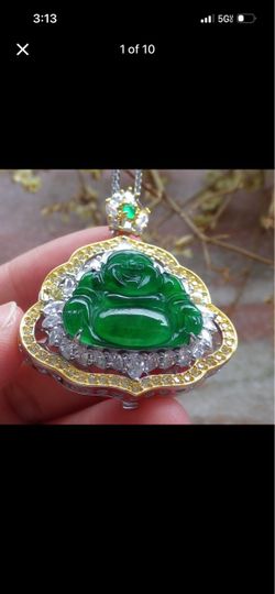 Certificate Sterling Silver 925 gold Jadeite Jade Grade A Green laughing Buddha god pendant