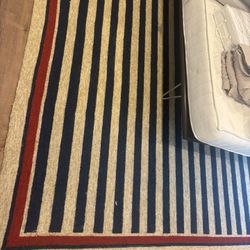  8 X 11 Navy, Red and Cream Striped Wool Area Rug