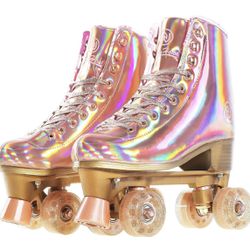 Roller Skates for Women, Holographic High Top PU Leather Rollerskates, Shiny Double-Row Four Wheels Quad Skates for Girls and Age 8-50 Indoor (Pink Ro