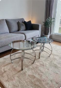 .Mid-Century Modern Glass Top End Tables – Elegant Pair with Sculptural Metal Base