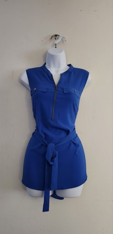 Unique Spectrum Sleeveless, front zipper Tank Top Blouse with belt size: S Color : Royal Blue