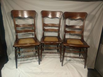Set Of Three Antique Oak Side Chairs With Cane Seats