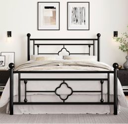 14 Inches Queen Size Metal Platform Bed Frame/Vintage Iron-Art Headboard and Footboard/Mattress Foundation for Storage/No Box Spring Needed/Noise-Free