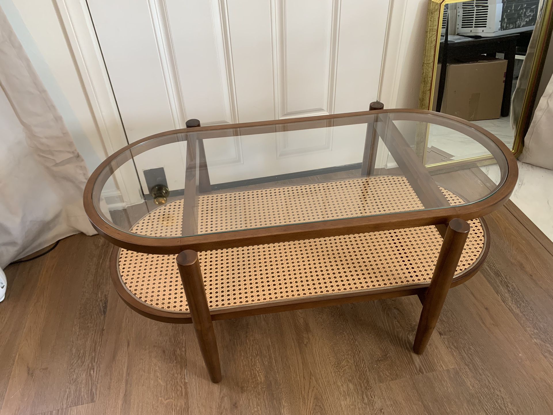 Rattan Coffee Table With Glass Top. Solid Acacia Wood.
