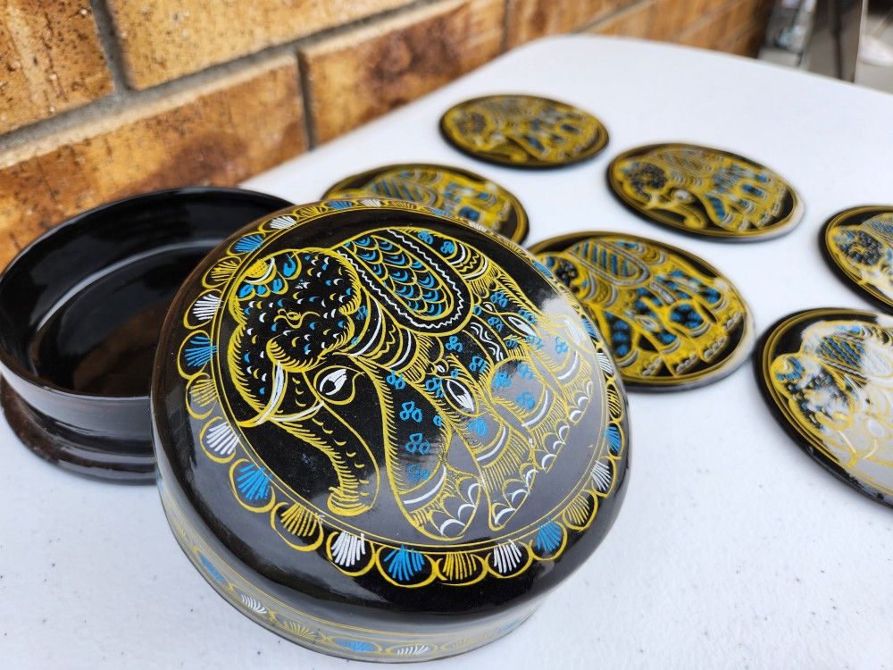 Authentic Thai Hand Painted Elephant Coaster Set