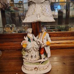 Colonial Victorian Porcelain Lamp Man Woman Floral & Gold French Style