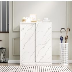 6-Tier Marble White Shoe Cabinet with Sliding Doors, Minimalist Shoe Storage Organizer for 30+ Pairs 
