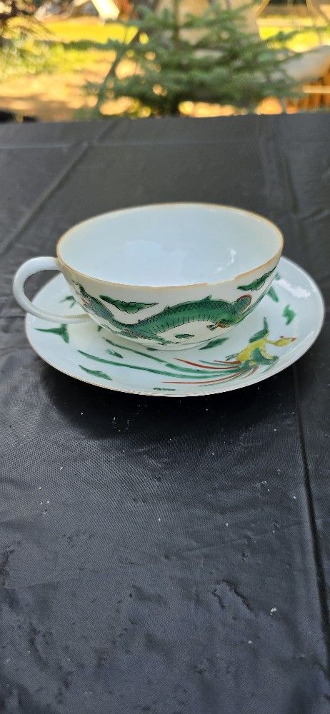 Meissen Hand Painted Porceline Green Ming Dragon Breakfast Cup & Saucer