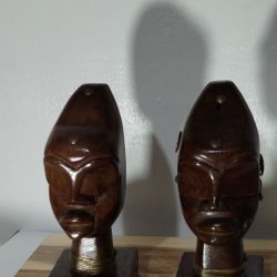 HAND CARVED WOODEN SCULPTURE - FIGURINES - BOOKENDS - AFRICAN ART 7"×3"