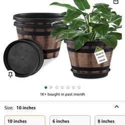 Plant Pots Set of 3 Pack 10 inch, Whiskey Barrel Planters with Drainage Holes & Saucer. Plastic Decoration Flower Imitation Wine Design,Canbe for Indo
