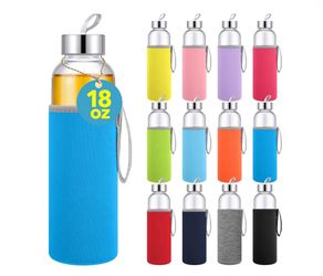 (8888-7) Vesici 12 Set 18 oz Clear Glass Water Bottles, Reusable Glass Juicing Bottles with Protection Sleeve and Stainless Steel Leak Proof Lids for 