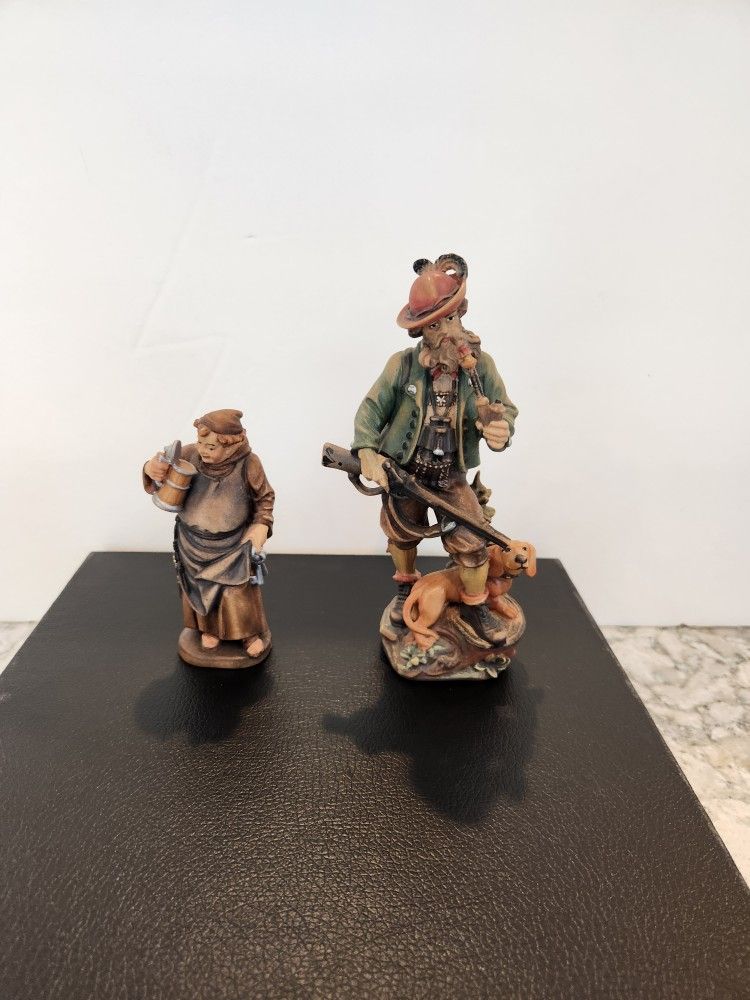 Karl Fuhrler Hunter & Monk Carved Wood Statues