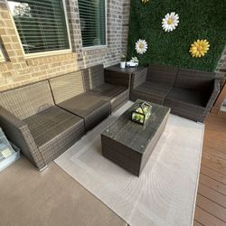 8 Pieces Patio Furniture Set Outdoor Conversation Set, PE Rattan Wicker Sectional Sofa Couch Set with Cushions and Dining Table Chair with Ottoman for