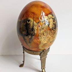 Decoupage Ostrich Egg "Big Five" South Africa w/ Brass Stand