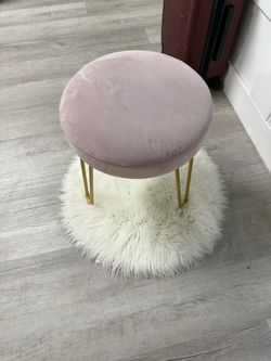 Pink Velvet Round Ottoman makeup Stool Gold Legs and white puff rug