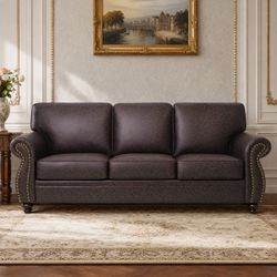 *NEW* Brown Leather 3-Seat Sofa with Nailhead Trim