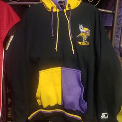 1990s Starter Minnesota Vikings Color Block Double Hooded Hoodie Sweatshirt Vintage NFL Football Korea Size Large


