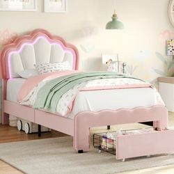 Homfa Twin Size LED Bed Frame with Storage Drawer, Velvet Upholstered Platform Bed with Adjustable Petal Headboard, Pink